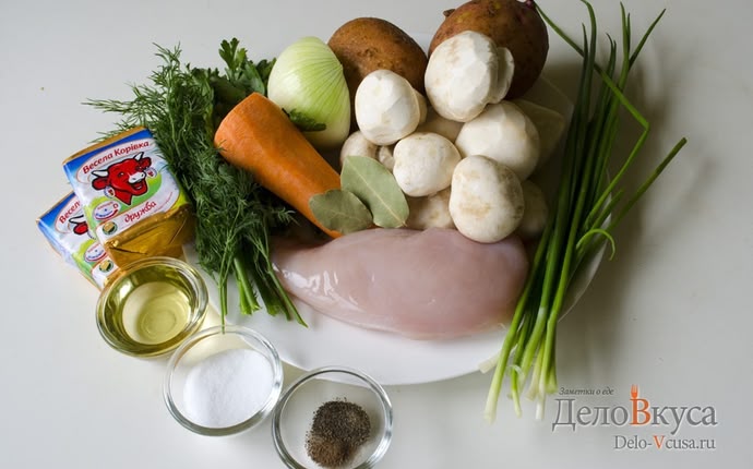 Суп из плавленных сырков с шампиньонами и курицей: Ингредиенты