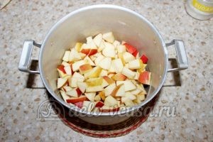 Заготовка из яблок для пирогов: Кладем яблоки в кастрюлю