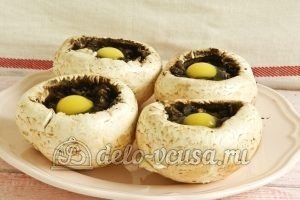Фаршированные шампиньоны с перепелиными яйцами: Разбиваем в шляпки перепелиные яйца