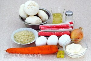 Крабовый салат-торт с рисом и грибами: Ингредиенты