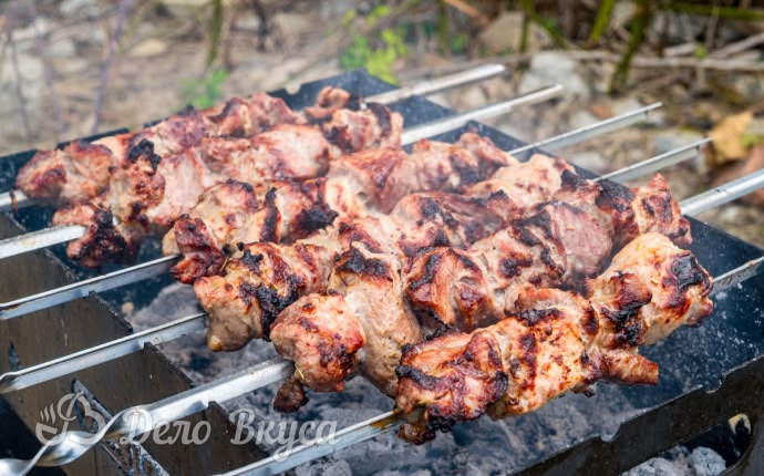 Готовый шашлык с румяной корочкой на мангале